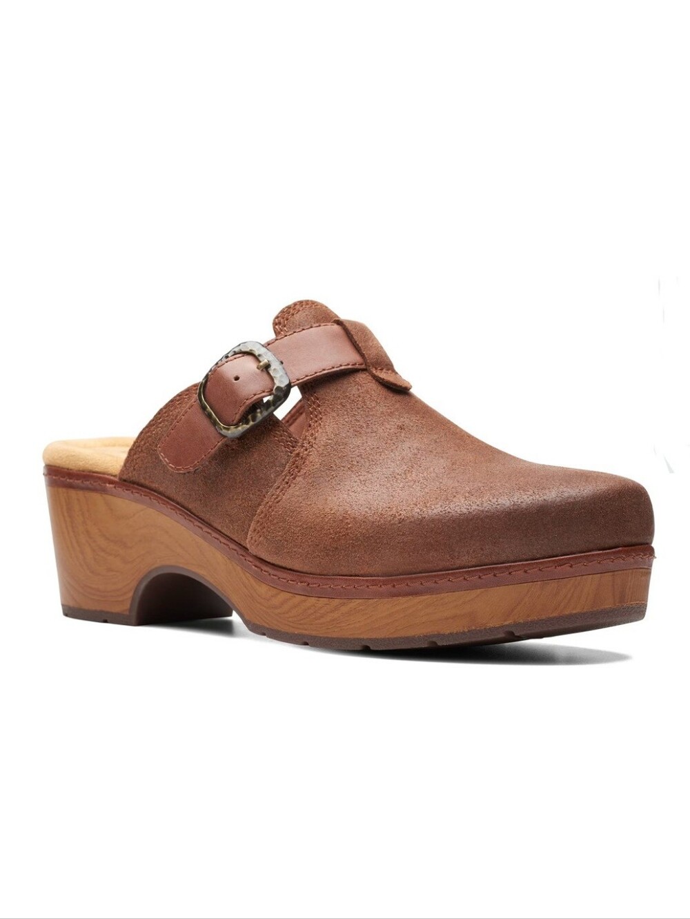 Clarks Collection Paizlee Brown Suede Clogs with Adjustable Buckle Strap